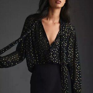 By Anthropologie Metallic Tie-Neck Blouse Buttondown Sheer Top XSP